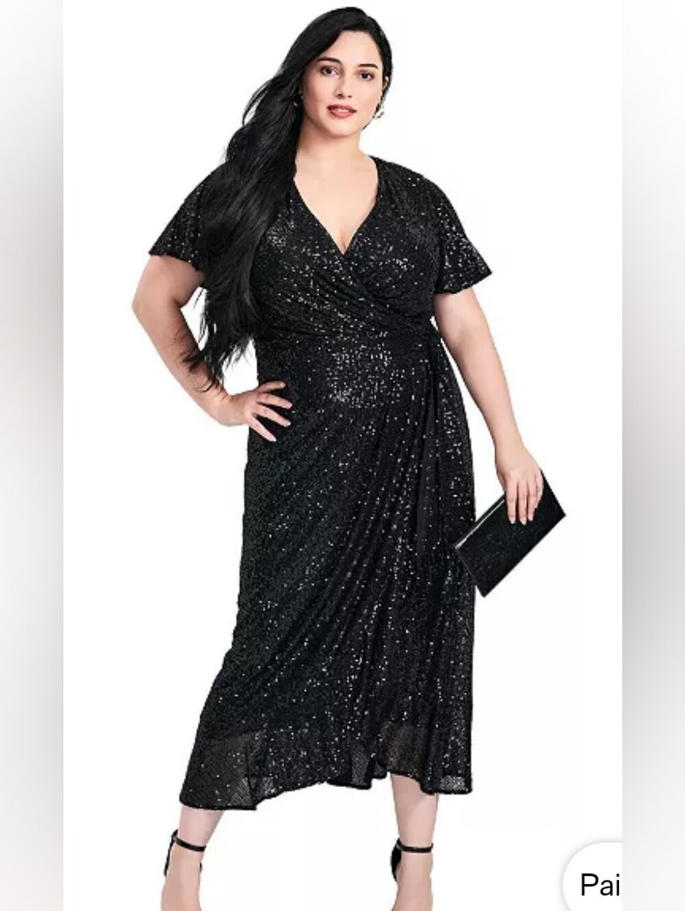 Avenue Plus Size Black Sequin Wrap-Effect Midi Dress
